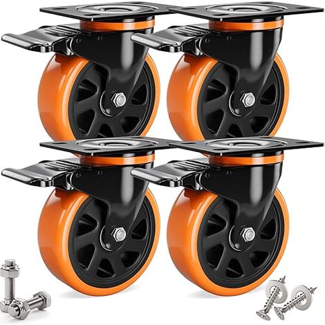 4 pièces roulettes pour charges lourdes Ø100mm avec freins, accessoires de montage inclus Roulettes pivotantes Roulettes de transport Rotation 360° jusqu'à 600KG Portabilité