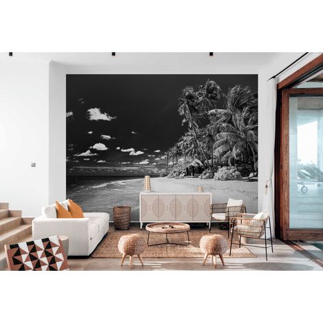 Papier Peint Noir et Blanc - Plage Tropicale au Ciel Contrasté - 150 x 250 cm (1/2)