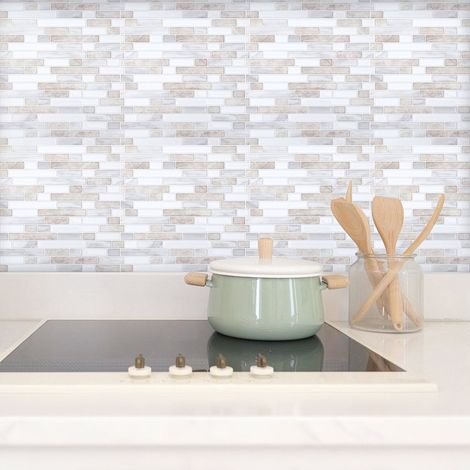 Randaco Stickers carrelage mosaïque blanc/marron 10 pcs PET étanches cuisine salle de bain