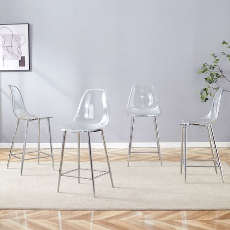 Lot de 4 tabourets de bar transparents, piètement en métal argenté/or/noir, chaises modernes design pour cuisine, comptoir ou salle à manger (sans table) (1/5)