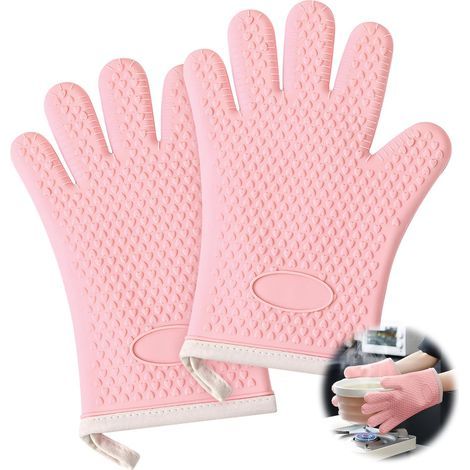 Gants de cuisine résistants à la chaleur avec doublure en silicone en coton, gants de cuisine jusqu'à 1200 °C, imperméables et antidérapants, lot de 2 gants à cinq doigts pour la cuisson, (1/4)