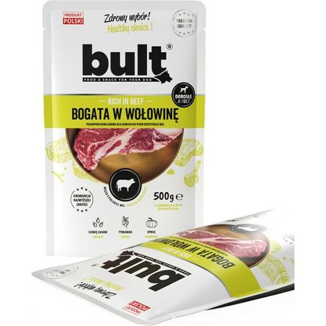 Cibo umido per cani BULT, gusto manzo, bustina da 500 g, completo.