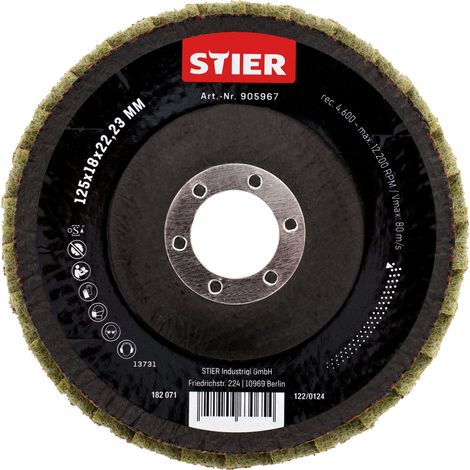 STIER Vlies Fächerschleifscheiben, 125 x 18 x 22,23 mm, grob, 5 Stk., kühler Schliff, 12.200 RPM, für Edelstahl (1/4)