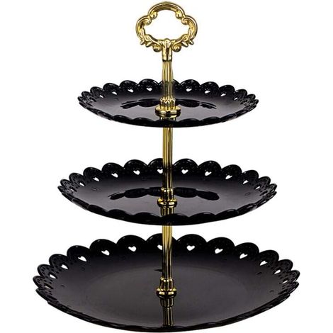 Présentoir à gâteaux avec poignée Présentoir à gâteaux à 3 niveaux, décoration de fête de mariage, comme assiette de fruits et assiette de service (noir, rond)-Fei Yu (1/5)