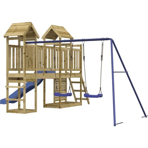 "Columpios para juegos de exterior, tobogán, columpios robustos, juegos de jardín, 505 x 332 x 214 cm, madera de pino impregnada 020004829" (1/5)