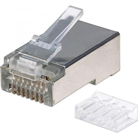 Connettore modulare RJ45 Categoria 6 Intellinet 90 Pezzi STP con 3 punti di bloccaggio per cavi rigidi, 90 connettori con contatti a crimpatura, modello Q040082 (1/4)