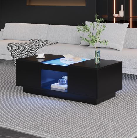 Table basse 100x50x35.5 cm noire en panneau de particules avec LED, rangement et commande via application (1/5)