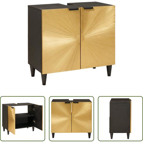vidaXL Bois de mangue massif - Armoire d'évier avec étagère Noir et or 62 x 33 x 58 cm (1/5)
