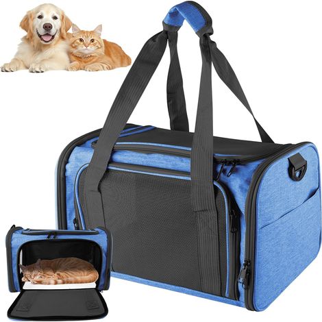 Sac de transport pour chat et chien : petit sac de transport pliable pour chien et chat Boîte de transport respirante avec bandoulière pour voiture, avion et voyage 40 x 25 x 25 cm (bleu) (1/5)