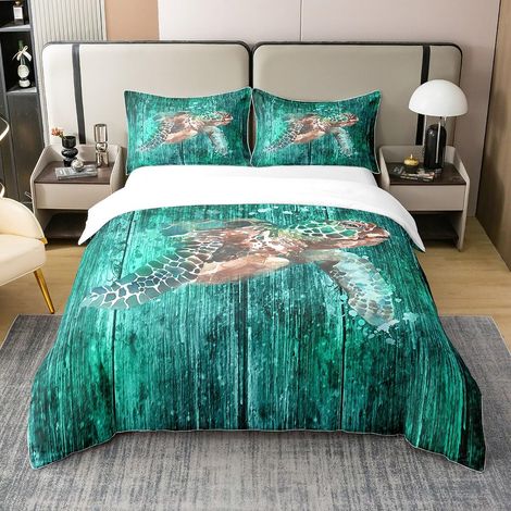 Parure de lit 100 % coton - Motif tortue de mer - 220 x 240 cm - Aquarelle turquoise - Pour garçons et filles - Océan - Animal - Housse de couette - Avec 2 taies d'oreiller (1/5)