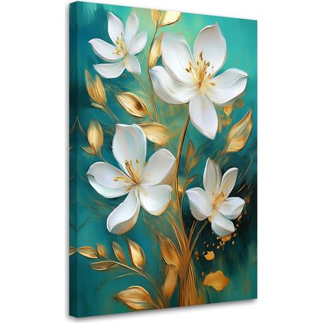 Tableau déco Fleurs blanches peintes sur fond turquoise 40x60 (1/5)