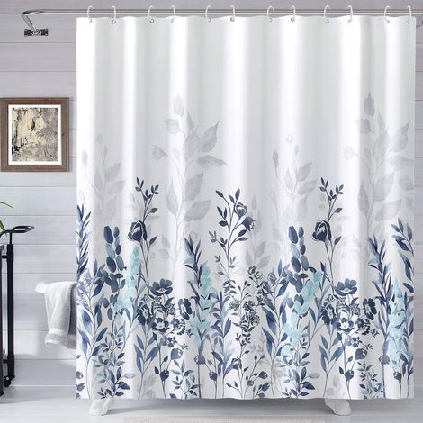 Duschvorhänge in Blau und Grau, Badezimmervorhänge mit Aquarellblumenmuster