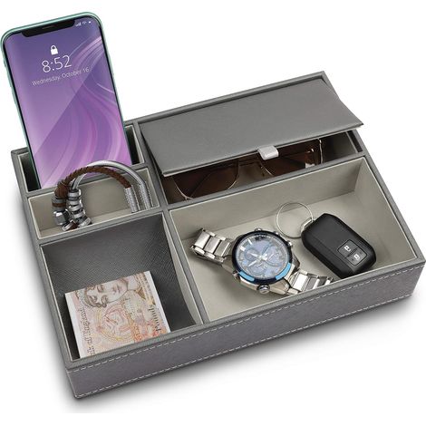 Graue Garderobenablage aus Kunstleder mit 5 Fächern – Lederablage/Aufbewahrungsbox für Geldbörse, Handy, Schlüssel, Manschettenknöpfe, Uhren und Schmuck (1/5)