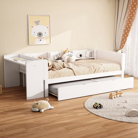 Letto singolo in legno di pino bianco 90x200 cm con letto estraibile, scrivania e 3 ripiani laterali (1/5)