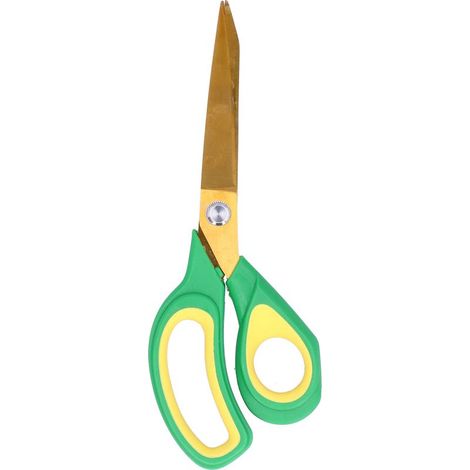 Professionelle Nähschere, Schneiderschere, scharfe Klingen für Stoff, goldener Kopf, grün-gelber Griff (1/5)
