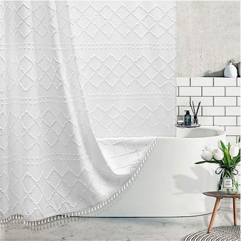 Rideau De Douche - 183 x 198 cm - Tissu Polyester Imperméable - Style Bohème Avec Pompons Et Motif Chevron - Pour Salle De Bain - 1 Pièce (1/4)