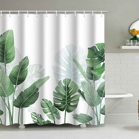 Duschvorhang mit tropischem Blättermuster, 200 x 230 cm, wasserdicht bedruckt, inklusive 12 Haken, Badezimmeraccessoire.