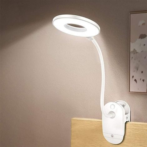 Lampe de lecture à clipser alimentée par piles pour lit, avec 3 niveaux de luminosité, rechargeable par USB (1/4)