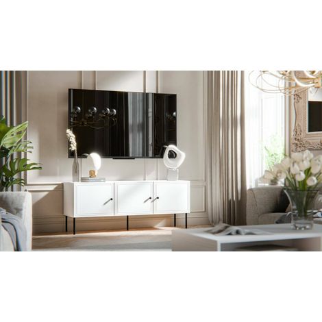 Mueble de TV Sarzana, aparador de salón con tres puertas batientes, elevado del suelo, 151x40 h60 cm, blanco (1/4)