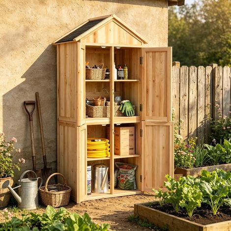 Armoire de jardin en bois, cabanon de jardin pour extérieur avec toit en pointe en asphalte (1/5)