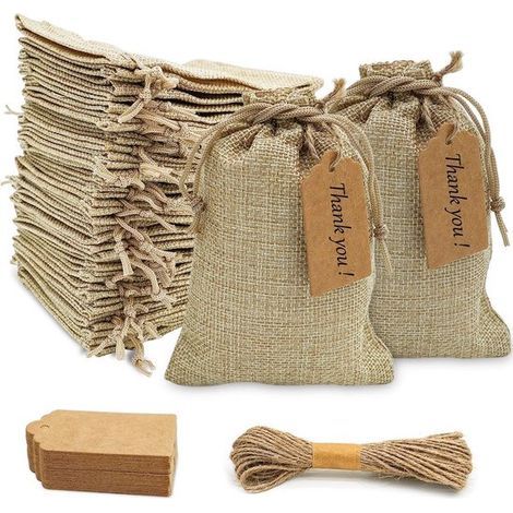 Sacs cadeaux en coton avec cordon de serrage - Sacs en jute avec petites étiquettes cadeaux - 13 x 18 cm - Lot de 25 - Marron (1/5)