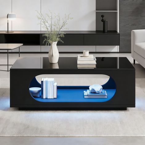 Couchtisch mit appgesteuerter LED und offenem Fach, in Schwarz, 100x50x35 cm