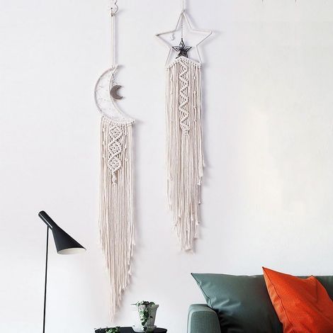 Lot de 2 tapisseries murales en macramé à suspendre en forme d'étoile, de lune et d'attrape-rêves, décoration d'intérieur bohème tissée à la main pour chambre d'enfant, décoration de mariage, (1/5)