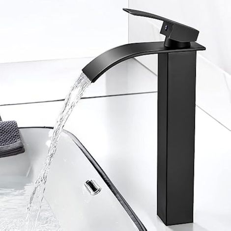 Robinet Salle de Bain Cascade, Moderne Robinet Lavabo Noir, Mitigeur Lavabo avec bec Hauteur 237 mm, Robinetterie Carré en Laiton Eau Chaude et Froide Disponible G 3/8 (1/4)