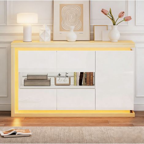 Buffet en panneaux de particules blanc 140 x 40 x 84 cm, 3 portes dont 2 en verre trempé, LED et tablettes réglables (1/5)
