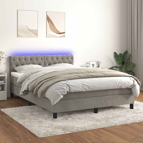 Cama box spring colchón y LED terciopelo gris claro 140x190 cm (1/5)