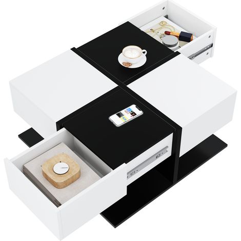 CHICFURN Mesa de centro con almacenaje 70x70 cm negra y blanca, 2 cajones (1/5)