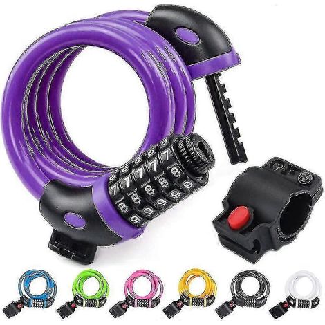 Antivol de vélo haute sécurité en fil de 1,2 mètre (4 pieds) avec cadenas à combinaison à 5 chiffres (noir) (q) violet (1/5)