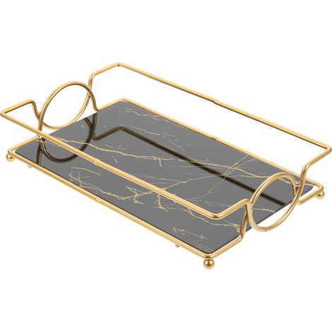 Plateau de Toilette en Résine Effet Marbre Noir et Or, Organiseur Cosmétique Multifonction pour Salle de Bain et Coiffeuse, Plateau à Parfum Décoratif et Étagère de Rangement'-'- (1/5)