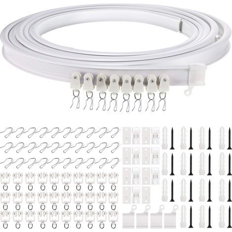 Rail à rideaux de plafond incurvé – 5 mètres – Flexible et pliable – Support de rideaux pour fenêtres courbes – Système de rail pour rideaux (Blanc, Crochets argentés) (1/4)