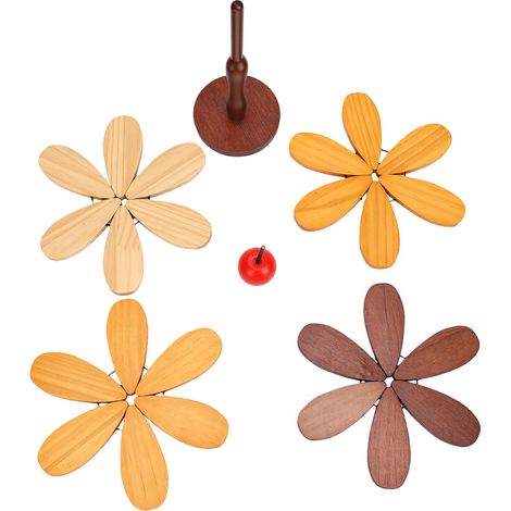 Dessous de plat en bois à motif de pommes, lot de 4, empilables, pour plats chauds, bols et assiettes - Décoration de table - Style quatre pièces (1/5)