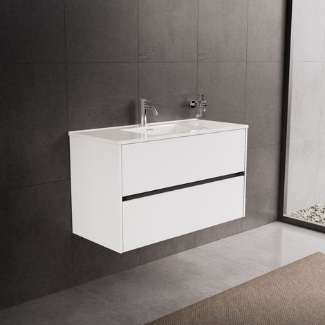 Inda - Badezimmerschrank 2 Schubladen L.100 mit glänzendem Waschbecken / Mattweiß - diamante (1/5)