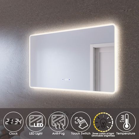 ELEGANT Clock Temperature Display Mirror Three Colors Mode Illuminated Bathroom Mirror 1000x600mm Mirror with Dual Sensor (1/7)