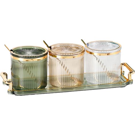 Set di 3 barattoli per spezie in acrilico trasparente, coperchi, cucchiai, vassoio, sale, paprika, zucchero, cucina