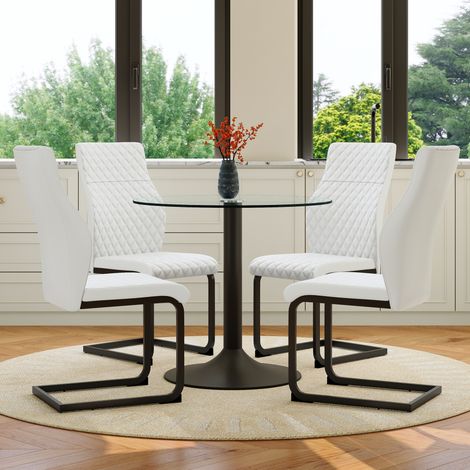 Conjunto de mesa de comedor redonda con 4 sillas (85x85x76 cm), vidrio templado, respaldo alto, PU blanco y metal negro (1/5)