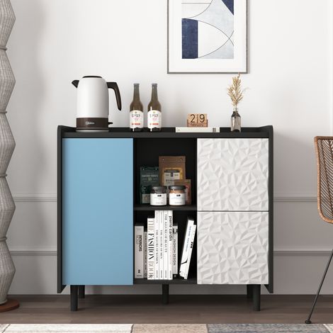 Sideboard 90x40x80 cm schwarz und blau aus MDF mit 2 Schubladen, offenen Fächern und Schrank (1/5)