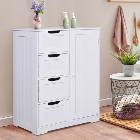 Badezimmerschrank mit 4 Schubladen und 3 höhenverstellbaren Einlegeböden, platzsparend, umweltfreundlich lackiert, kippsichere MDF-Platte, 56 x 30 x 83 cm, weiß