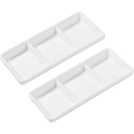 BESTONZON Set aus 2 rechteckigen Serviertabletts aus reinweißer Keramik, 15 cm (6 Zoll) Durchmesser, mit 3 Fächern für Vorspeisen, Sojasauce und Gewürze. – Weiß (1/4)