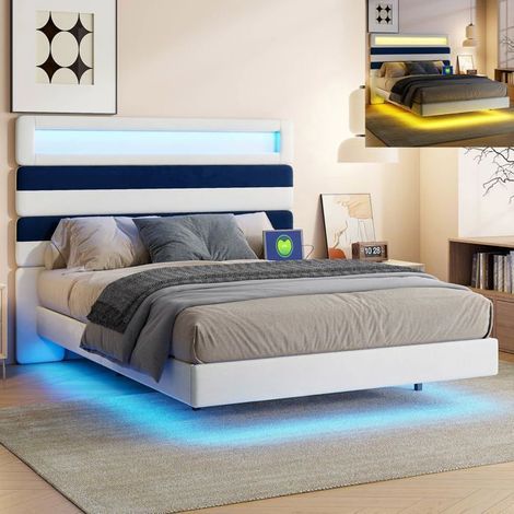 Lit 140x190 cm - USB - LED - stile scandinavo - Velluto - letto matrimoniale 140x190 cm - Bianco e blu
