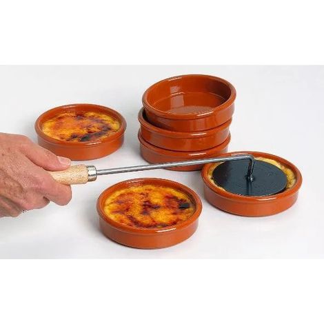 Service crème brûlée 6 coupelles émaillées 12 cm – Fer à caraméliser en fonte – Pour croûte dorée et croquante – Coffret avec recette