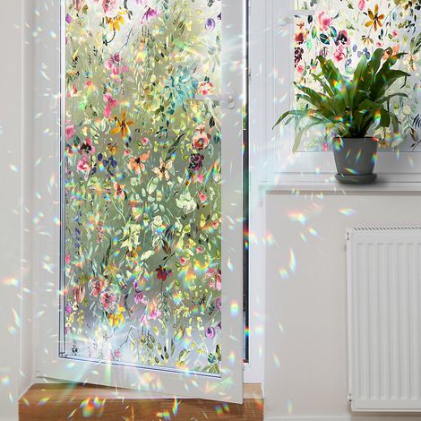 1 film adhésif décoratif pour vitres à motifs floraux colorés, film occultant, autocollant statique, 100 x 28 cm