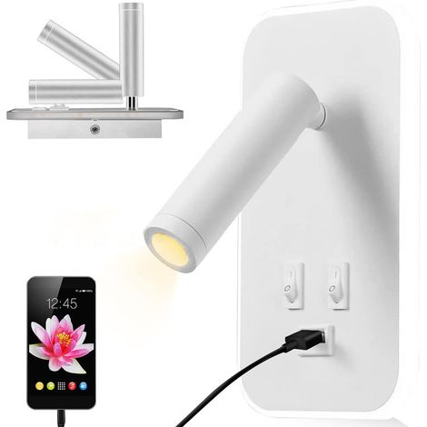 Bedside Reading Light, LED Wall Light with Switch and USB Charging Port, 13W 3000K Wall Mount Rotatable Spotlight, Black Bed Wall Lights Hotel Corridor Wall Lamp(White) (1/5)