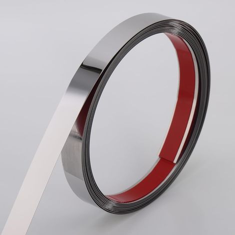 Moulure adhésive en acier inoxydable 25 mm x 6 m, profilé décoratif argent effet miroir pour mur, cheminée et bordure de miroir (1/5)