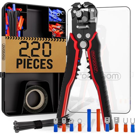 MONZANA® Pince à dénuder 3en1 220 accessoires boîte 0,2-6mm² automatique ruban isolant attache-câble électrique outil pince à sertir cosses embouts