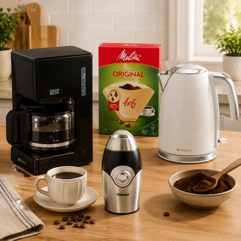 Set per la preparazione del caffè americano (4 pezzi) – 40 filtri, macinacaffè in acciaio, bollitore in stile retrò e caffettiera compatta (1/5)