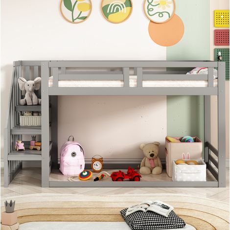Letto rialzato bambini 90x200 cm con scala di sicurezza e rete a doghe, in legno grigio, materasso non incluso (1/5)
